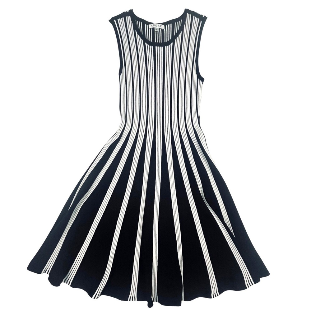 Adore Womens Black White Striped Sleeveless Knit Fit and Flare Dress Size S